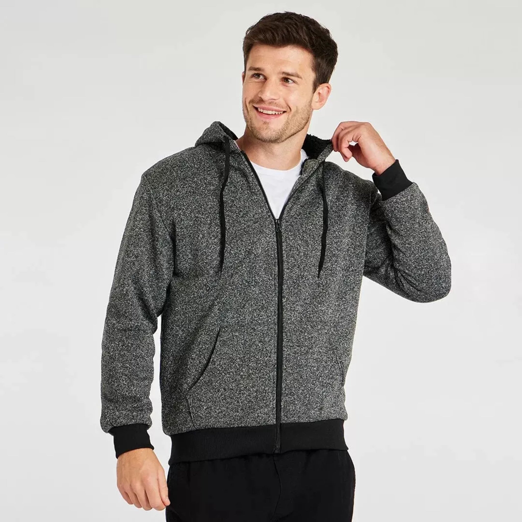 Men's fleece lined zip up hoodie in dark charcoal grey / black with black cuffs and drawstrings